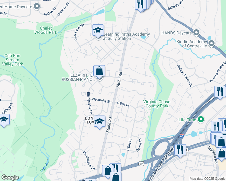 map of restaurants, bars, coffee shops, grocery stores, and more near 14704 Southwarke Place in Centreville