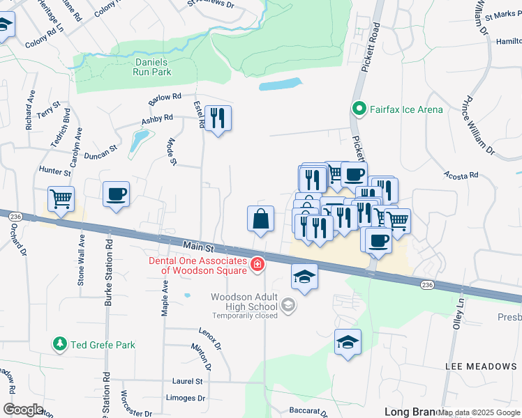 map of restaurants, bars, coffee shops, grocery stores, and more near 3897 Wilcoxson Drive in Fairfax