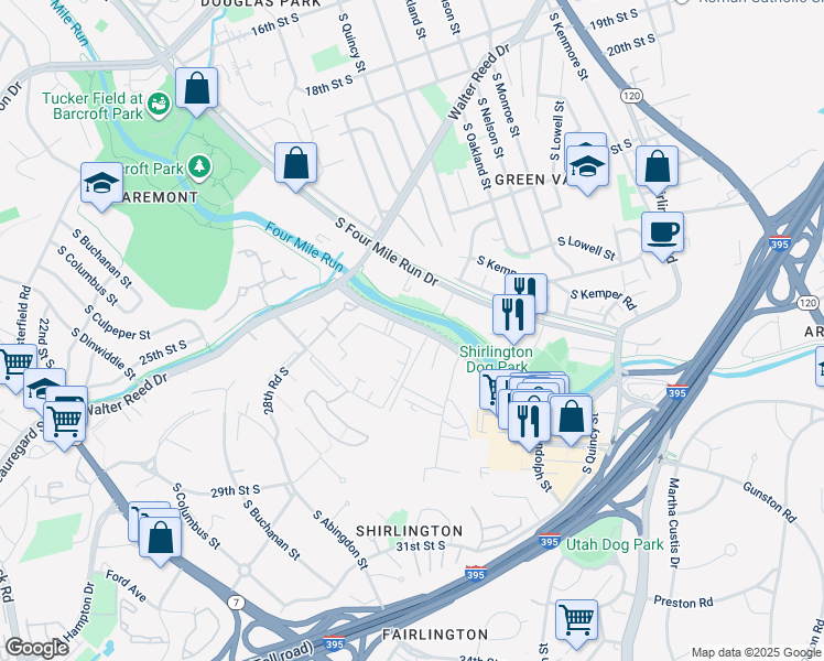 map of restaurants, bars, coffee shops, grocery stores, and more near 2614 South Arlington Mill Drive in Arlington