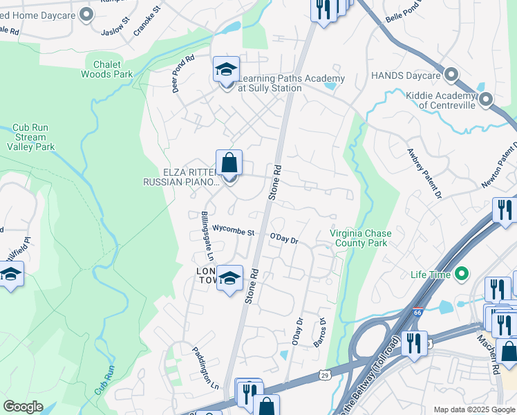 map of restaurants, bars, coffee shops, grocery stores, and more near 14708 Southwarke Place in Centreville