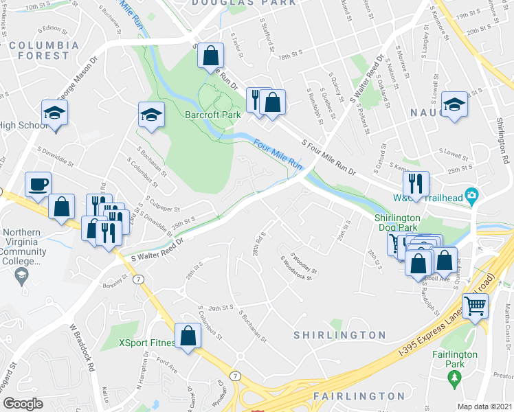 map of restaurants, bars, coffee shops, grocery stores, and more near 2802D South Wakefield Street in Arlington