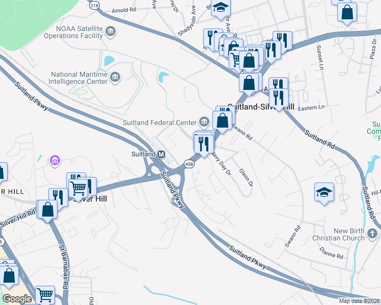 map of restaurants, bars, coffee shops, grocery stores, and more near 4510 Silver Hill Road in Hillcrest Heights