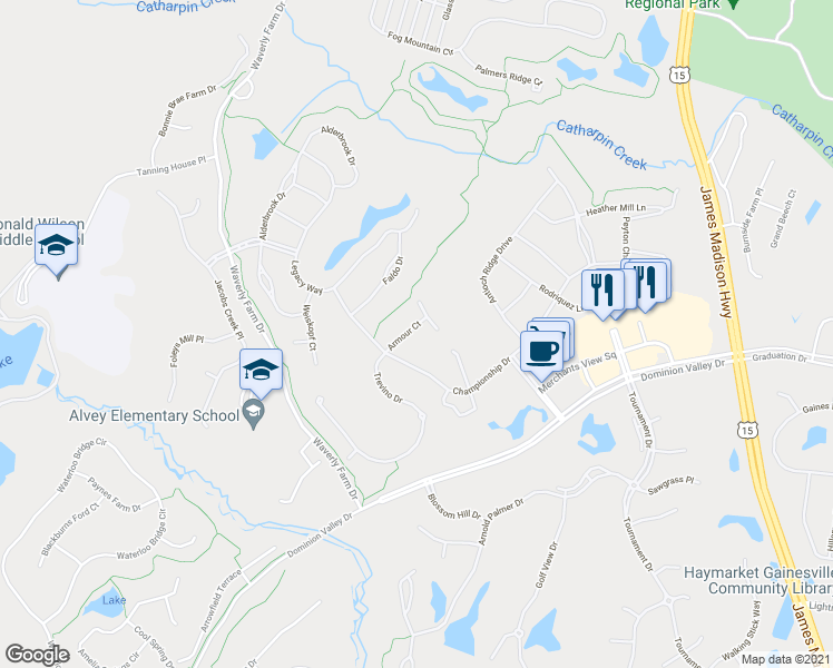 map of restaurants, bars, coffee shops, grocery stores, and more near 5235 Armour Court in Haymarket