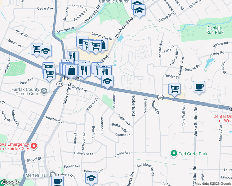 map of restaurants, bars, coffee shops, grocery stores, and more near 10195 Main Street in Fairfax