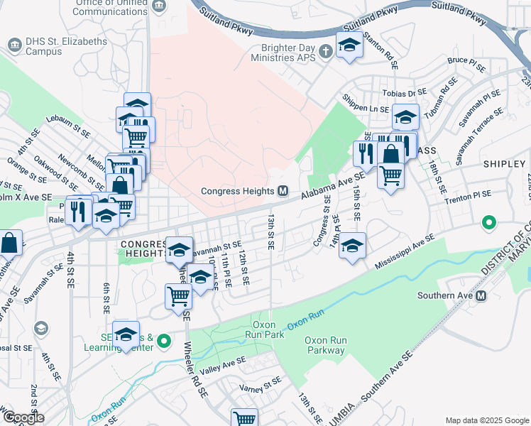 map of restaurants, bars, coffee shops, grocery stores, and more near 1243 Alabama Avenue Southeast in Washington