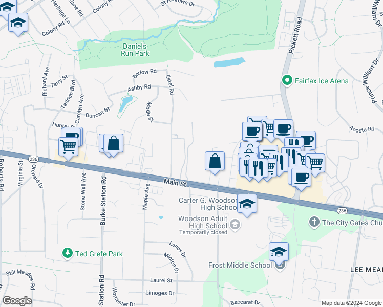 map of restaurants, bars, coffee shops, grocery stores, and more near 3874 Lyndhurst Drive in Fairfax