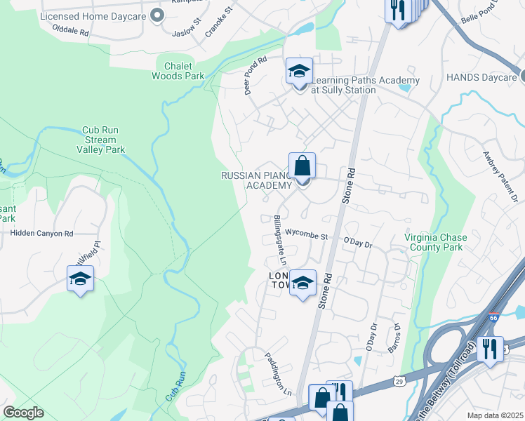 map of restaurants, bars, coffee shops, grocery stores, and more near 6009 Westbourne Place in Centreville
