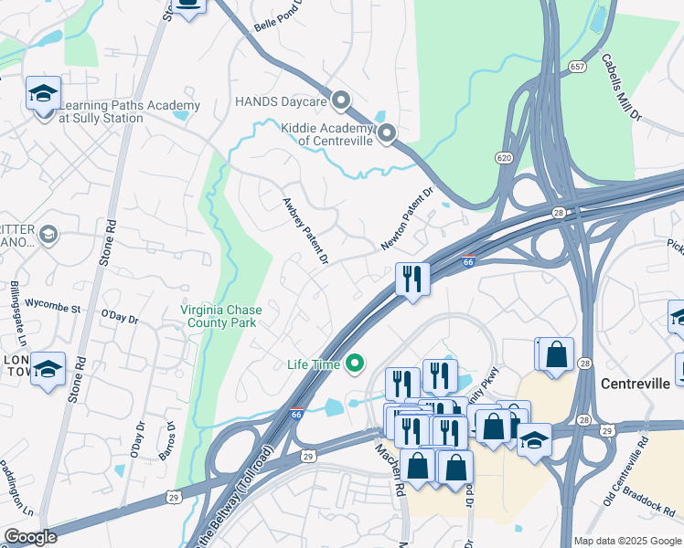 map of restaurants, bars, coffee shops, grocery stores, and more near 14339 Little Rocky Mountain Court in Centreville