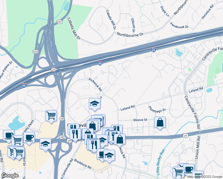 map of restaurants, bars, coffee shops, grocery stores, and more near 5527 Wharton Lane in Centreville