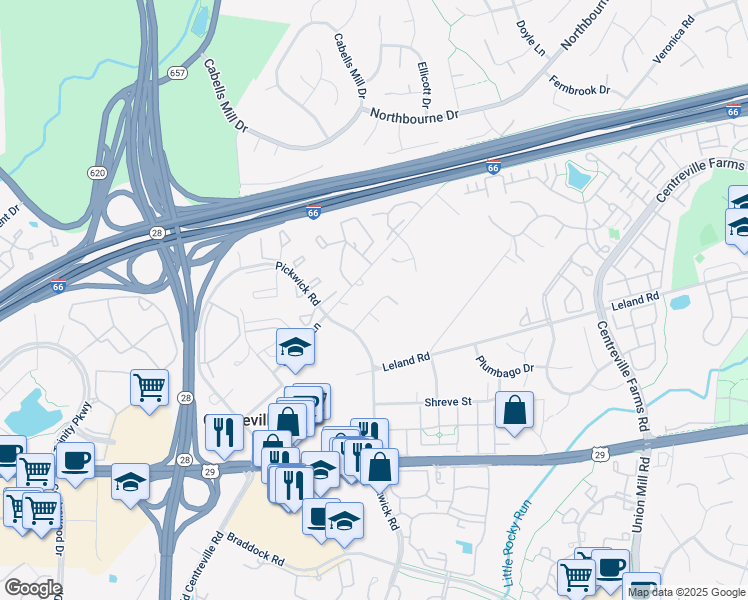 map of restaurants, bars, coffee shops, grocery stores, and more near 5512 Newhall Court in Centreville