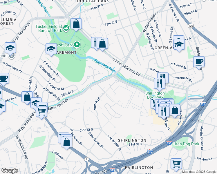 map of restaurants, bars, coffee shops, grocery stores, and more near 4537 28th Road South in Arlington