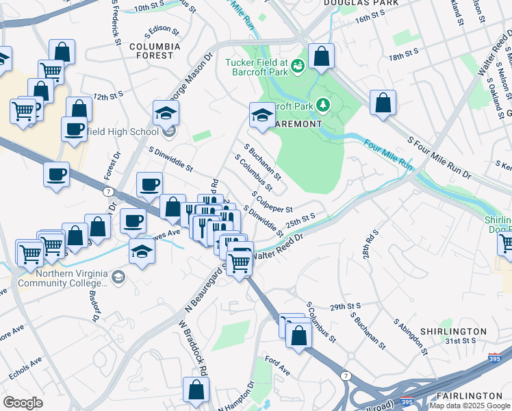 map of restaurants, bars, coffee shops, grocery stores, and more near 4920 23rd Street South in Arlington