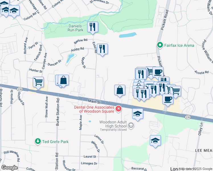 map of restaurants, bars, coffee shops, grocery stores, and more near 3901 Lyndhurst Drive in Fairfax