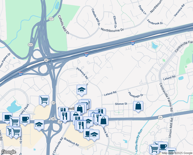 map of restaurants, bars, coffee shops, grocery stores, and more near 5527 Wharton Lane in Centreville