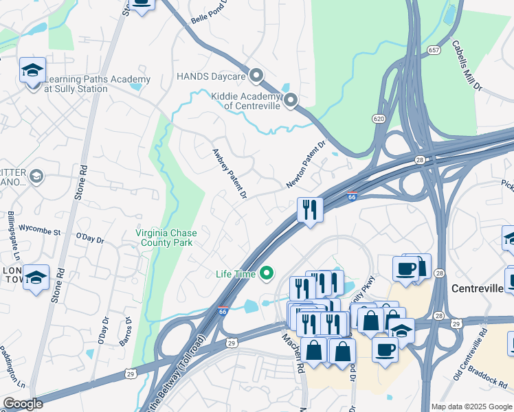 map of restaurants, bars, coffee shops, grocery stores, and more near 14339 Little Rocky Mountain Court in Centreville