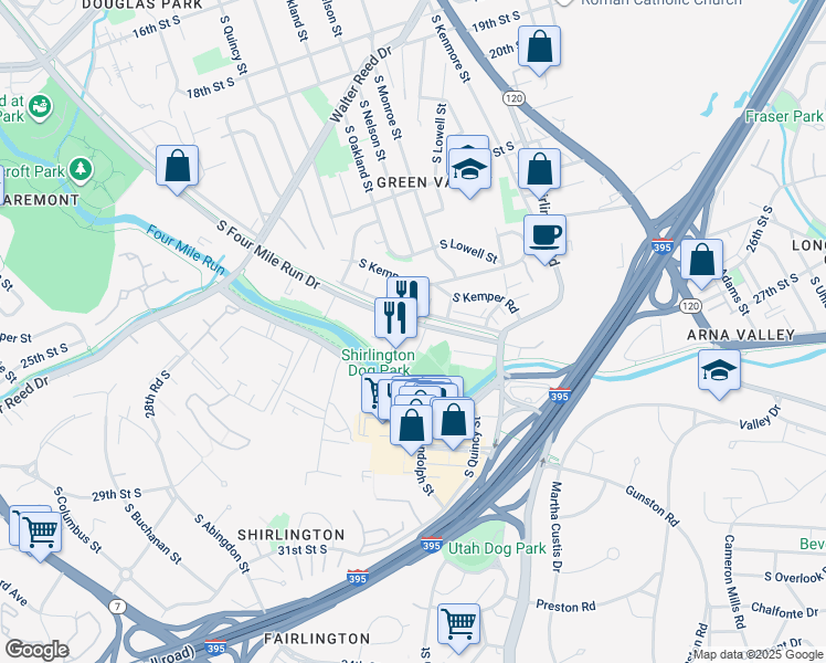 map of restaurants, bars, coffee shops, grocery stores, and more near 3700 South Four Mile Run Drive in Arlington
