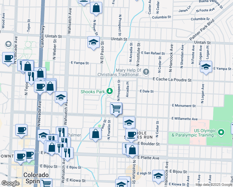 map of restaurants, bars, coffee shops, grocery stores, and more near 647 North Franklin Street in Colorado Springs
