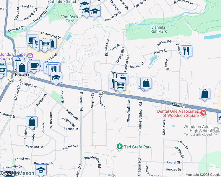 map of restaurants, bars, coffee shops, grocery stores, and more near 3925 Tedrich Boulevard in Fairfax