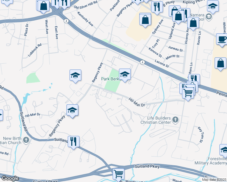 map of restaurants, bars, coffee shops, grocery stores, and more near 6050 South Hil Mar Circle in District Heights
