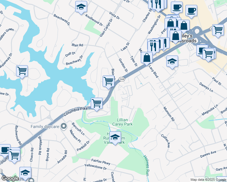 map of restaurants, bars, coffee shops, grocery stores, and more near 3680 Ambrose Hills Road in Falls Church