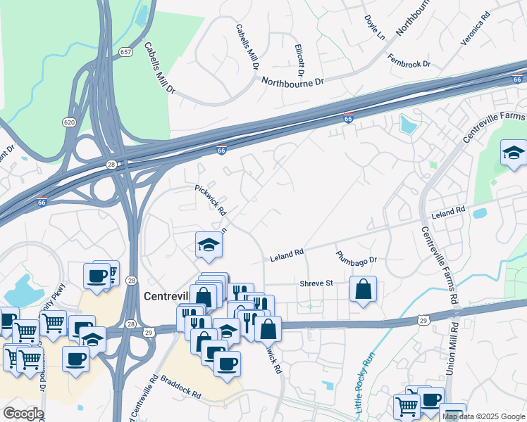 map of restaurants, bars, coffee shops, grocery stores, and more near 5512 Newhall Court in Centreville