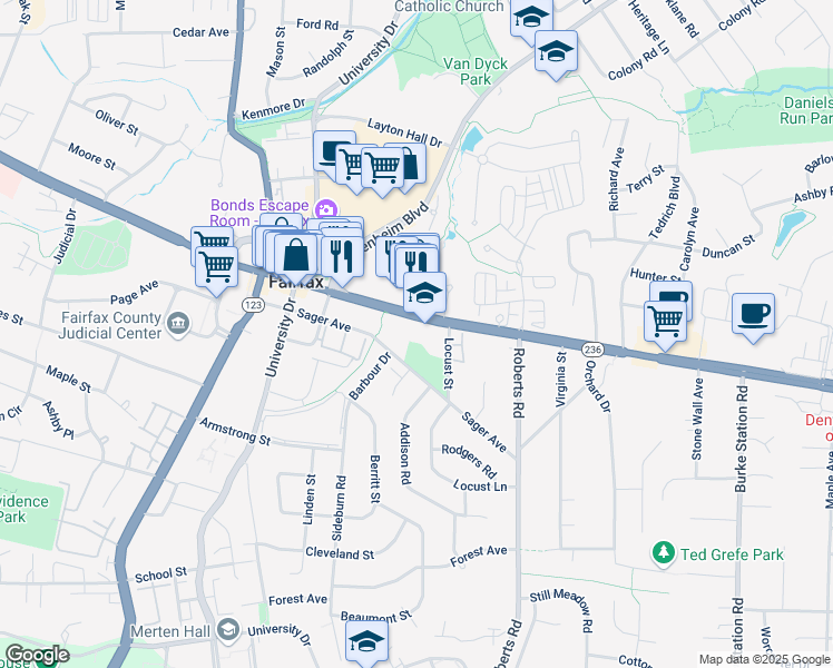map of restaurants, bars, coffee shops, grocery stores, and more near 10209 Main Street in Fairfax