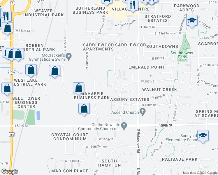 map of restaurants, bars, coffee shops, grocery stores, and more near 15632 South Church Street in Olathe