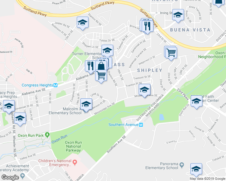 map of restaurants, bars, coffee shops, grocery stores, and more near 3501 Stanton Road Southeast in Washington