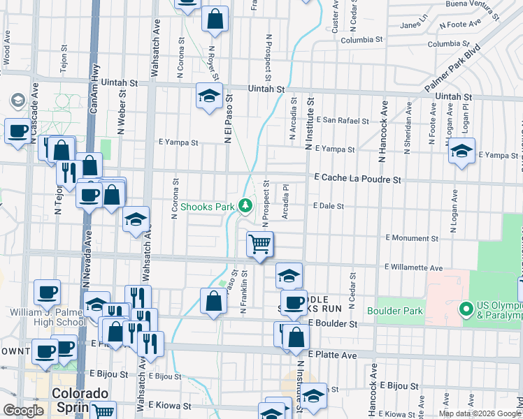 map of restaurants, bars, coffee shops, grocery stores, and more near 647 North Franklin Street in Colorado Springs