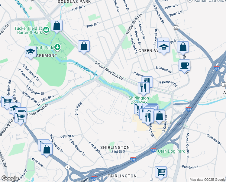 map of restaurants, bars, coffee shops, grocery stores, and more near 2592H South Arlington Mill Drive in Arlington