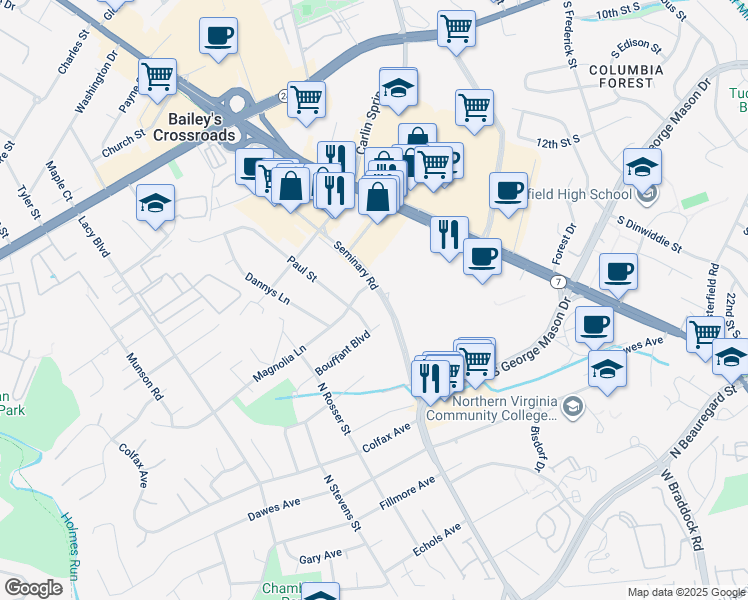 map of restaurants, bars, coffee shops, grocery stores, and more near 5618 Seminary Road in Alexandria
