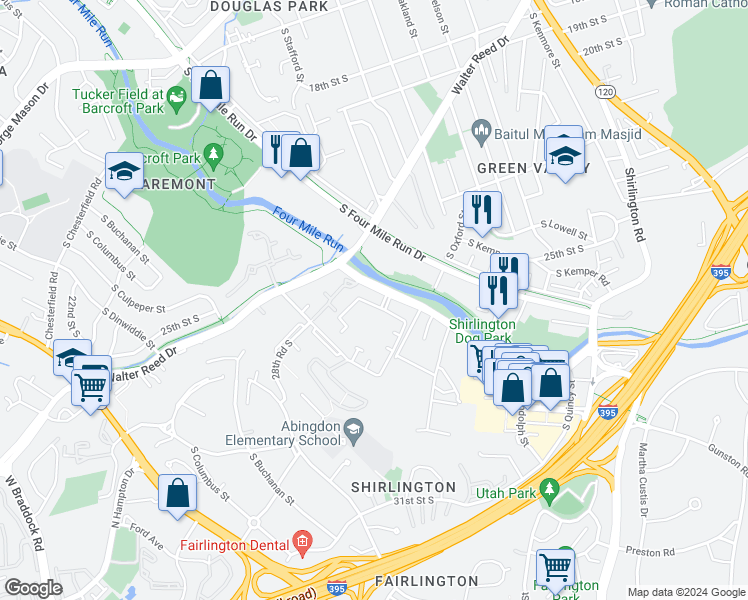 map of restaurants, bars, coffee shops, grocery stores, and more near 2502 South Arlington Mill Drive in Arlington