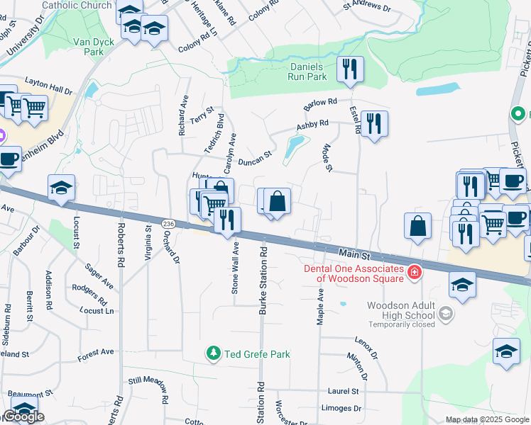 map of restaurants, bars, coffee shops, grocery stores, and more near 9900 Main Street in Fairfax