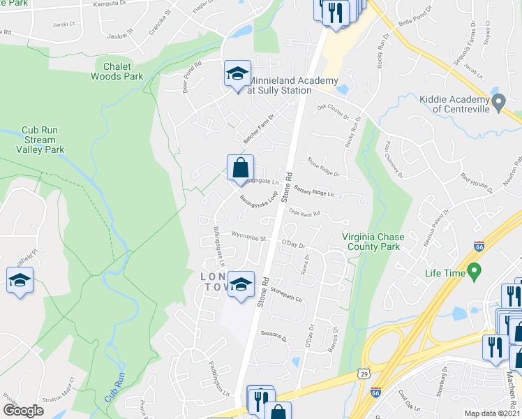 map of restaurants, bars, coffee shops, grocery stores, and more near 14745 Basingstoke Loop in Centreville