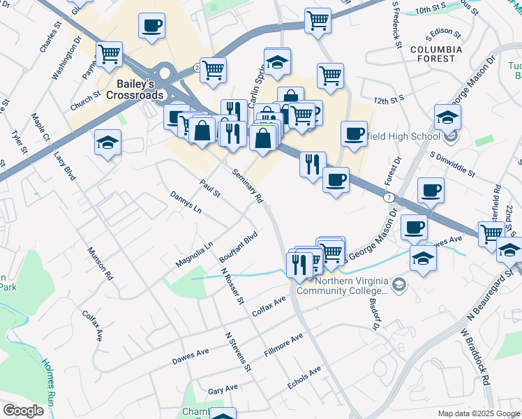 map of restaurants, bars, coffee shops, grocery stores, and more near 5618 Seminary Road in Alexandria