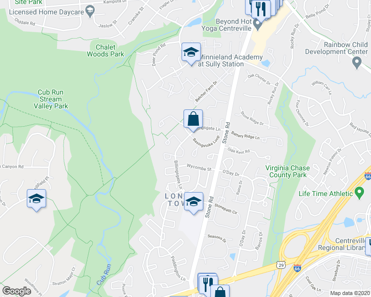 map of restaurants, bars, coffee shops, grocery stores, and more near 14808 Millicent Court in Centreville