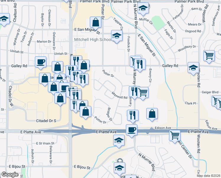 map of restaurants, bars, coffee shops, grocery stores, and more near 4130 Fitzpatrick Drive in Colorado Springs
