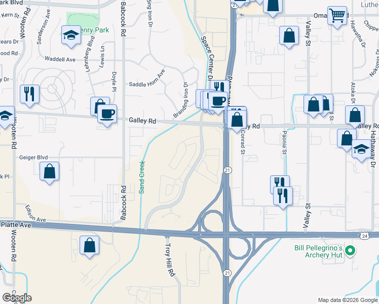 map of restaurants, bars, coffee shops, grocery stores, and more near 818 Grissom Drive in Colorado Springs