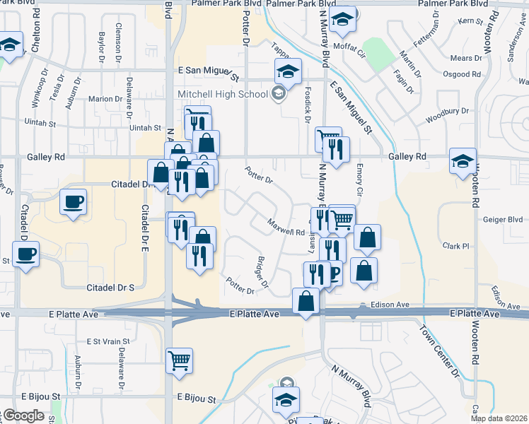 map of restaurants, bars, coffee shops, grocery stores, and more near 4130 Fitzpatrick Drive in Colorado Springs