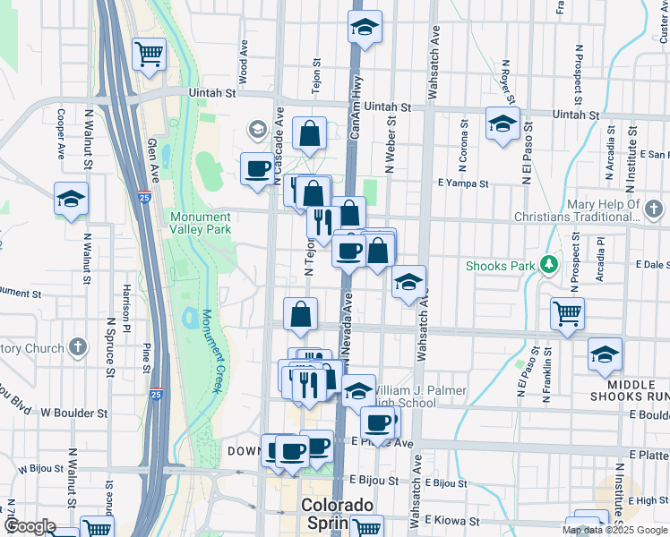 map of restaurants, bars, coffee shops, grocery stores, and more near 130 East Monument Street in Colorado Springs
