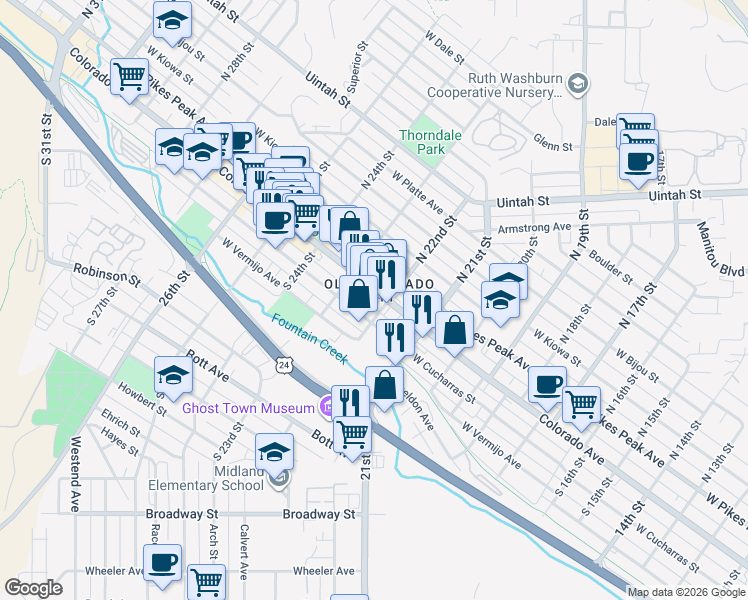 map of restaurants, bars, coffee shops, grocery stores, and more near 114 South 22nd Street in Colorado Springs