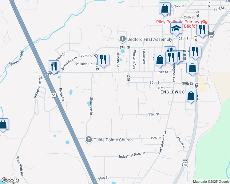 map of restaurants, bars, coffee shops, grocery stores, and more near 3111 Illinois Street in Bedford