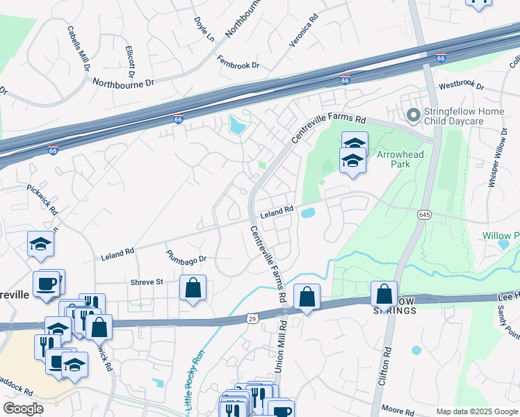 map of restaurants, bars, coffee shops, grocery stores, and more near 5304 Jule Star Drive in Centreville
