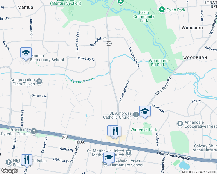 map of restaurants, bars, coffee shops, grocery stores, and more near 8721 Glenbrook Place in Fairfax