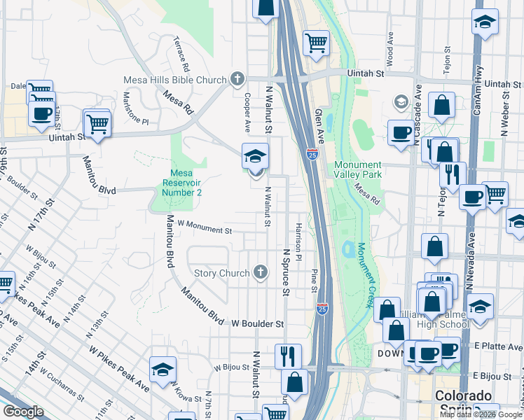 map of restaurants, bars, coffee shops, grocery stores, and more near 741 North Walnut Street in Colorado Springs