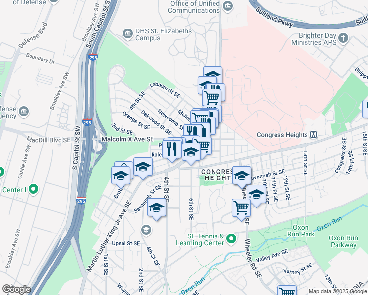 map of restaurants, bars, coffee shops, grocery stores, and more near 357 Parkland Place Southeast in Washington