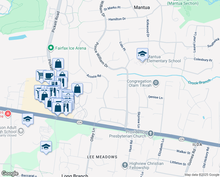 map of restaurants, bars, coffee shops, grocery stores, and more near 3819 Acosta Road in Fairfax