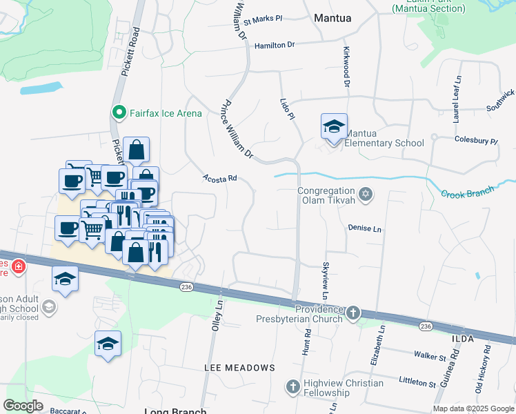 map of restaurants, bars, coffee shops, grocery stores, and more near 3819 Acosta Road in Fairfax