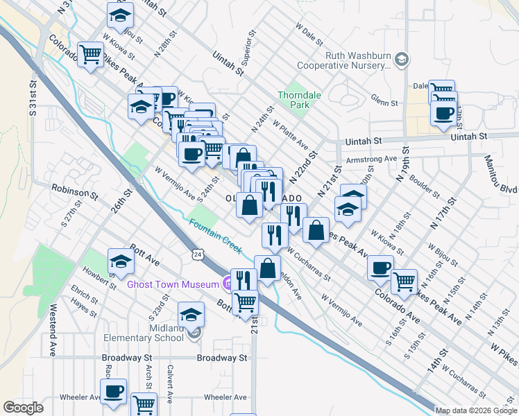 map of restaurants, bars, coffee shops, grocery stores, and more near 114 South 22nd Street in Colorado Springs