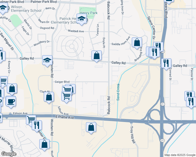 map of restaurants, bars, coffee shops, grocery stores, and more near 5240 Geiger Boulevard in Colorado Springs